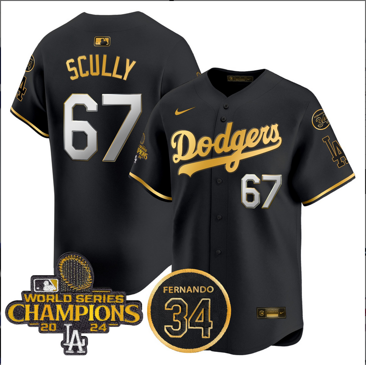 Men MLB Los Angeles Dodgers 67 Scully black 2024 World Series Champions Patch Limited Jersey